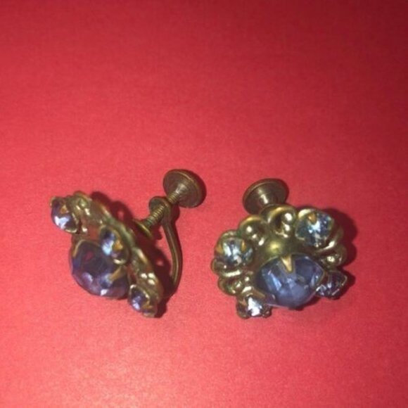 Vintage earrings Screw Backs Blue Rhinestones - Picture 2 of 7